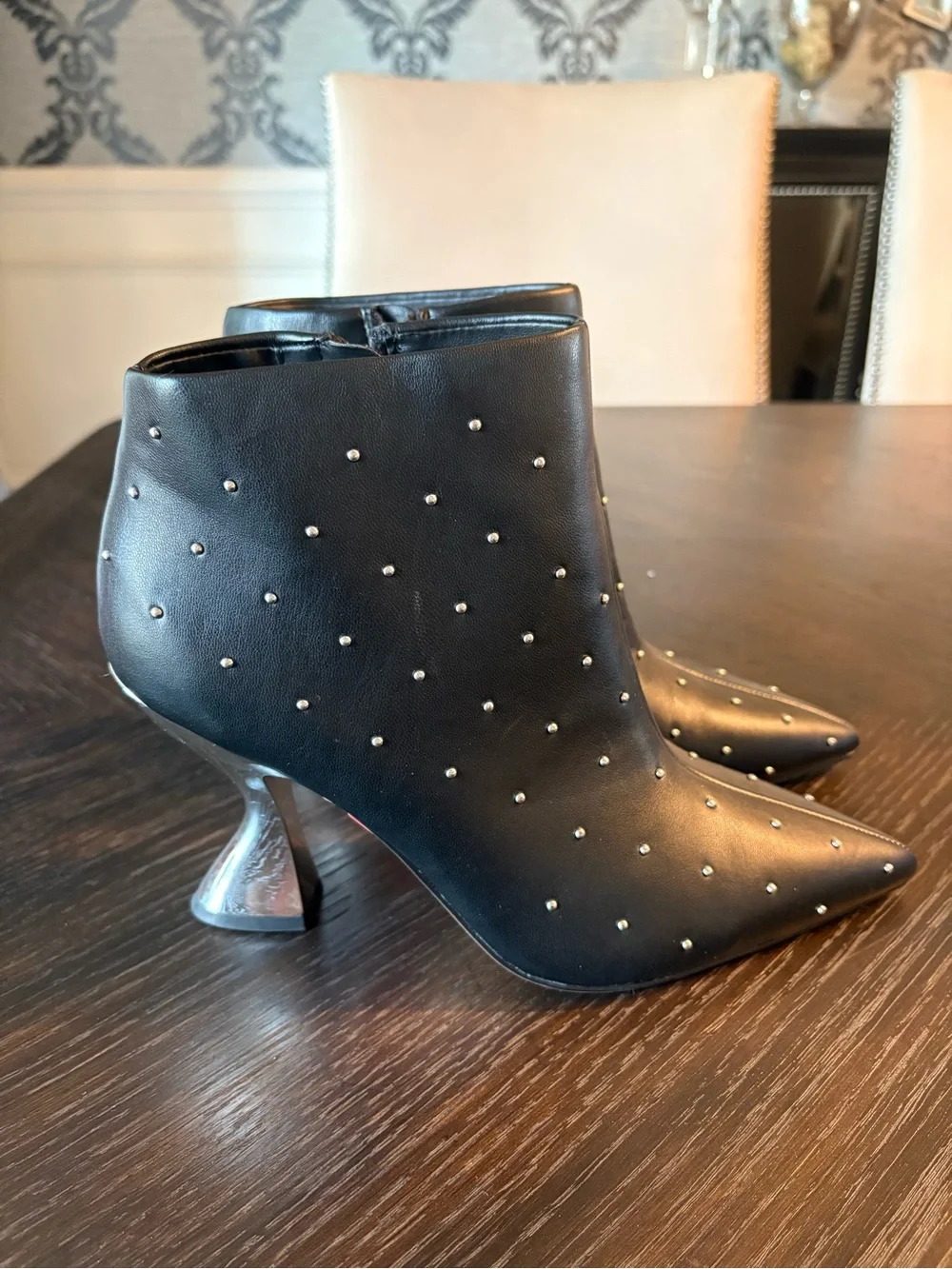 Katy Perry Black Studded Pointed Toe Ankle Booties with Metallic Heel‎ size 8.5M